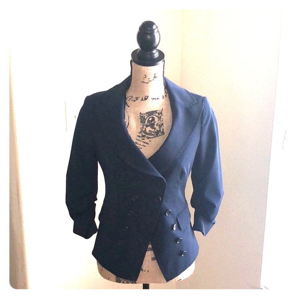 Elizabeth and James Dark Blue Double Breasted Blazer Ruched Sleeve - Size 4